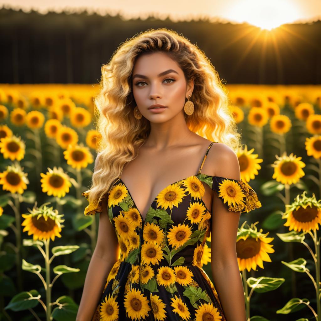 Young Woman in Sunflower Field