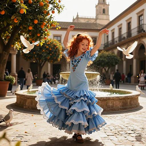 Young Girl Dancing Flamenco in Blue Traditional Dress in Spanish Courtyard