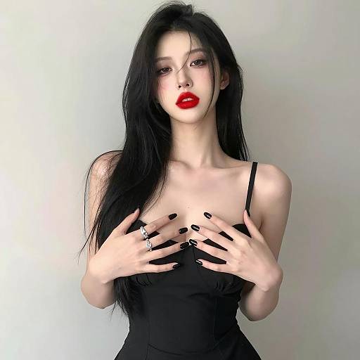 Trendy Young Woman in Black Dress with Red Lipstick - Gen Z Style