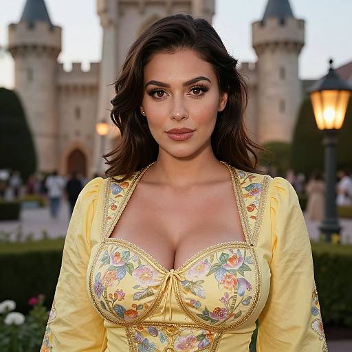 Elegant Woman in Yellow Floral Dress Posing by Castle Outdoors
