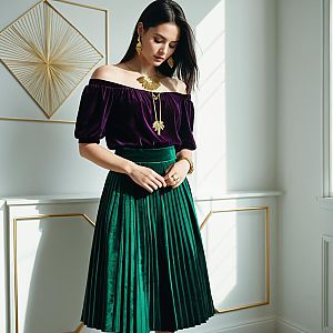Elegant Woman in Velvet Off-Shoulder Top and Pleated Skirt Fashion