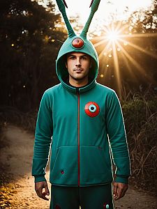 Man Wearing Realistic Plankton Cosplay Costume in Outdoor Setting