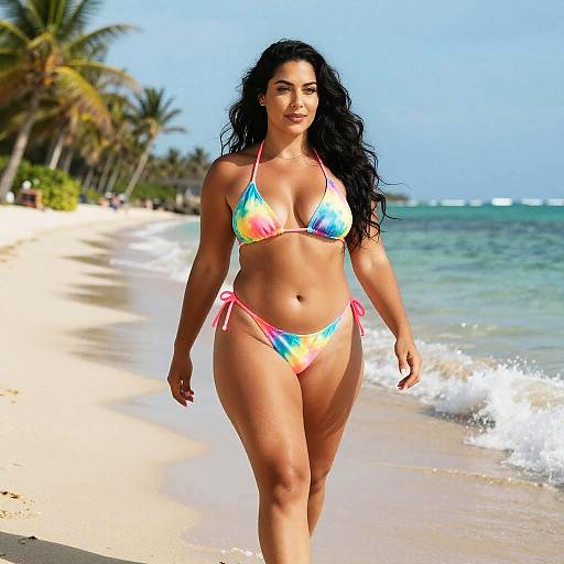 Confident Woman in Tie-Dye Bikini Walking on Tropical Beach