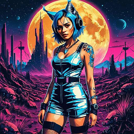 Futuristic Woman in Cyberpunk Landscape with Blue Hair and Neon Moon