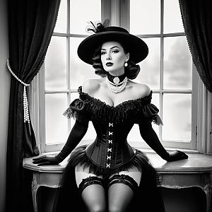 Vintage Victorian Woman in Black Corset and Feathered Hat Sitting by Window