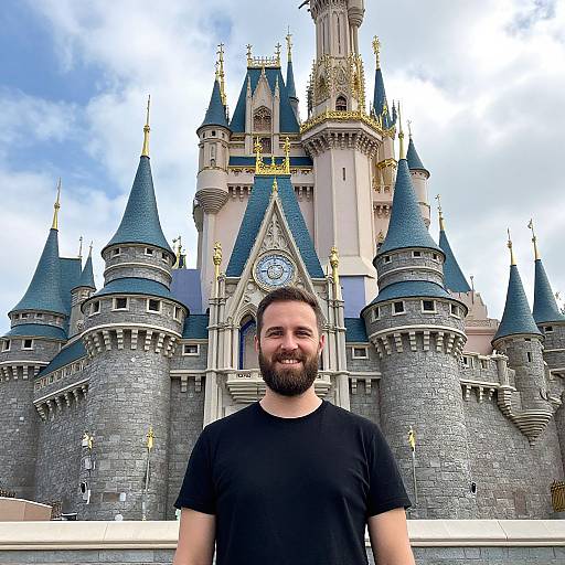 Man Smiling in Front of Iconic Fairy Tale Castle with Blue Rooftops