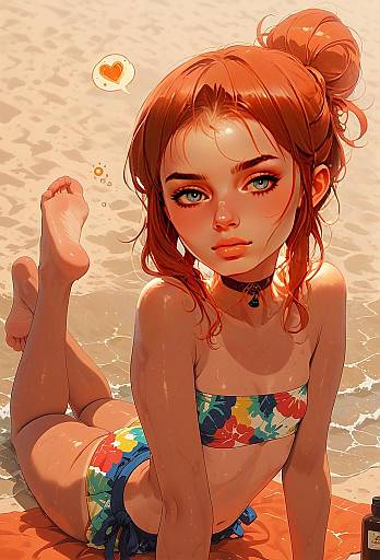 Red-Haired Woman Relaxing on Beach in Floral Bikini Digital Illustration