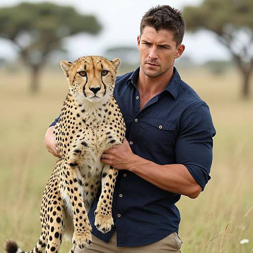 Man Holding Cheetah in Natural Savannah Environment