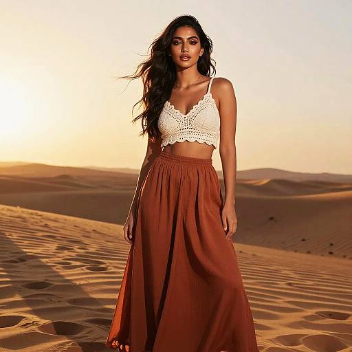 Bohemian Woman in Crocheted Top and Maxi Skirt Posing in Desert at Sunset