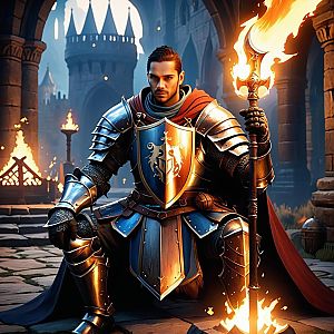 Medieval Knight with Flaming Spear in Castle Courtyard