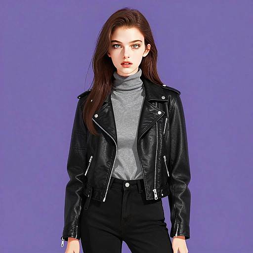 Young Woman in Black Leather Jacket and Gray Turtleneck on Purple Background