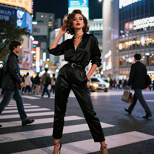 Confident Woman in Black Leather Outfit Poses in Vibrant City Street at Night
