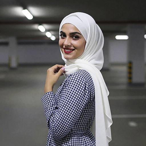 Confident Woman in White Hijab and Blue Checkered Dress Posing Indoors