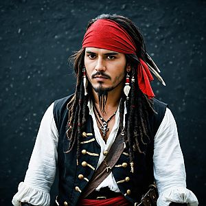 Realistic Portrait of Man in Pirate Costume with Red Bandana and Dreadlocks