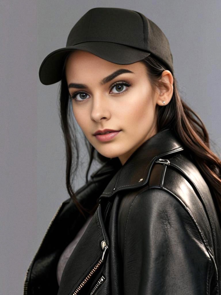 Stylish young woman in leather jacket and cap