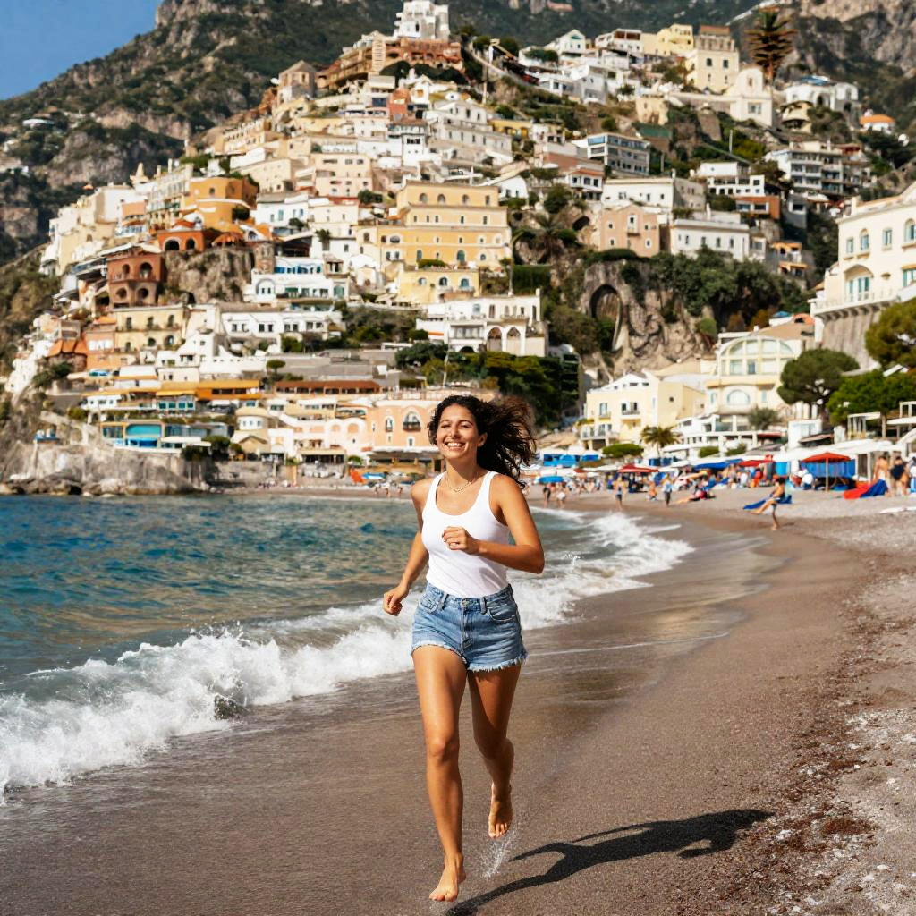 Happy Woman Running on Beach with Scenic Hilltop Town Background