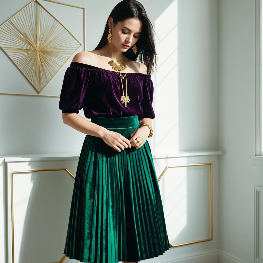 Elegant Woman in Velvet Off-Shoulder Top and Pleated Skirt Fashion