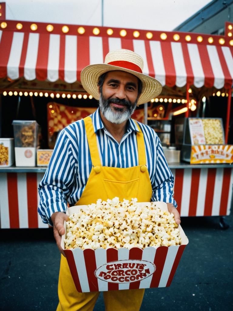 Man in Circus Popcorn Seller Costume at Carnival Stand