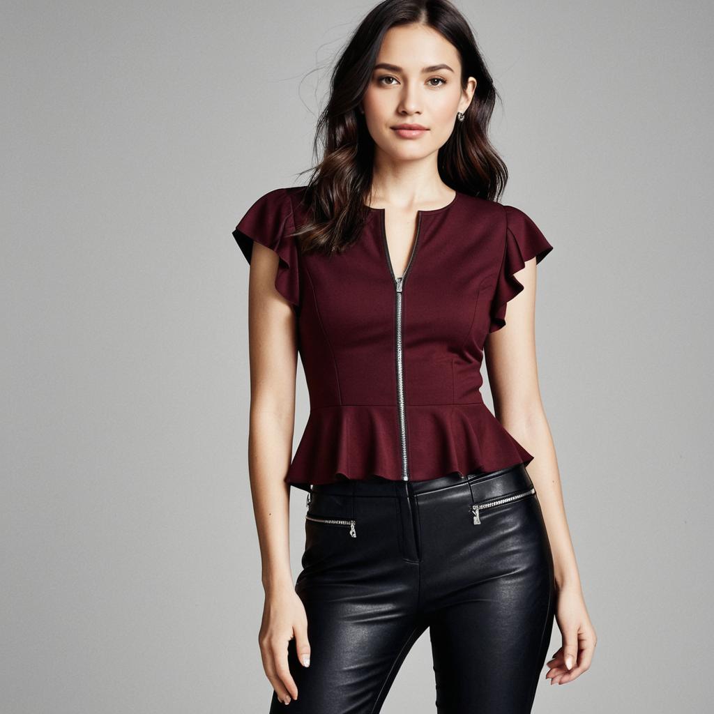 Woman Wearing Casual Chic Burgundy Blouse with Zip Detail and Black Leather Pants