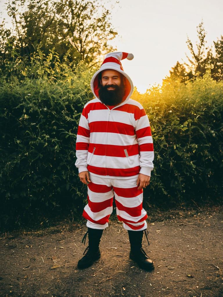 Man in Waldo Costume Full Body Outdoor Cosplay Photo at Golden Hour