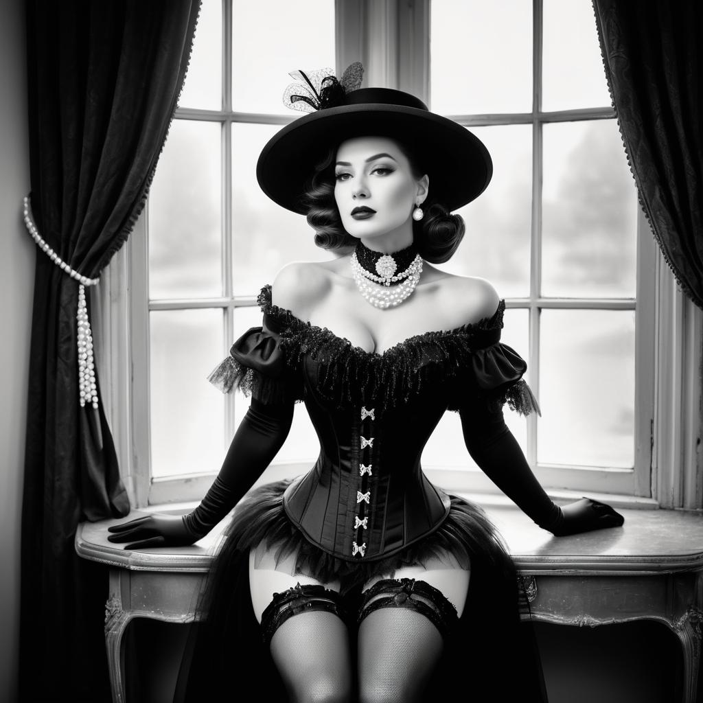 Vintage Victorian Woman in Black Corset and Feathered Hat Sitting by Window