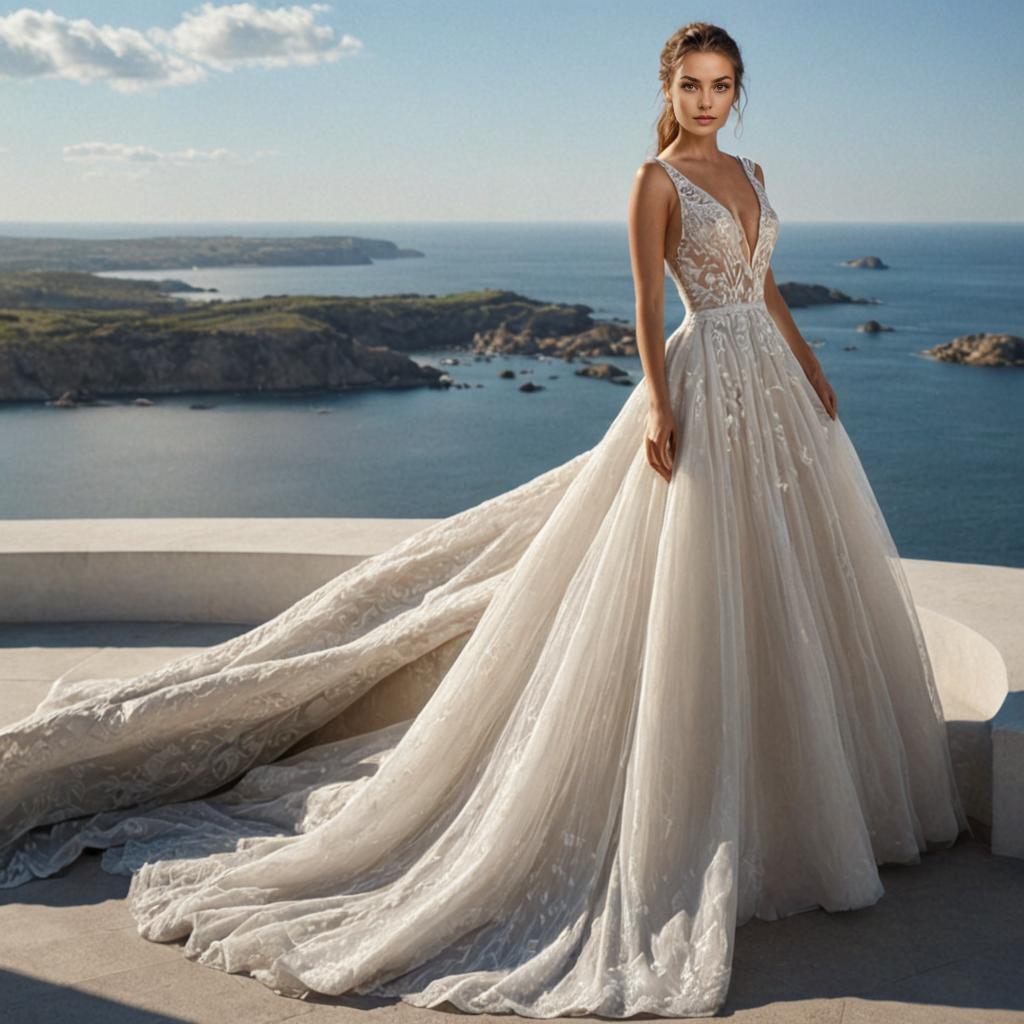 Elegant Bridal Gown with Lace Detailing and Coastal Background