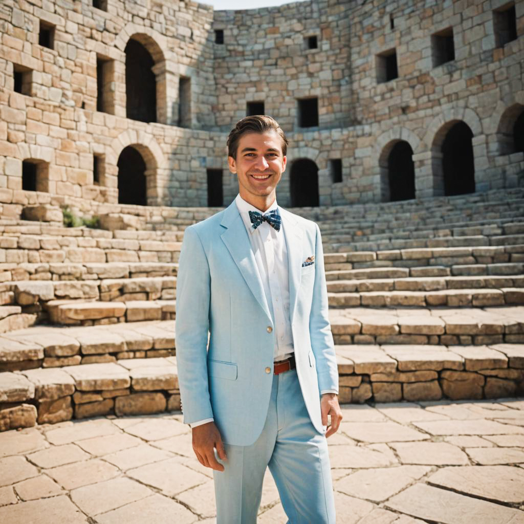 Stylish Man in Light Blue Suit at Ancient Amphitheater