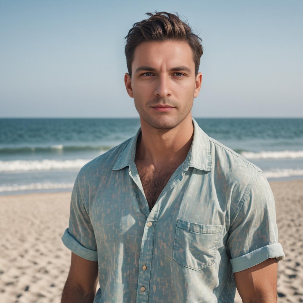 Confident Young Man on Sandy Beach