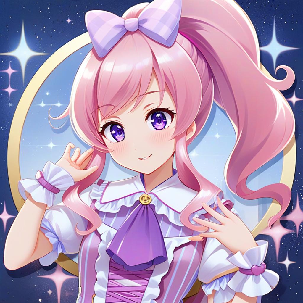 Momoyama Mirai Anime Girl with Pink Hair in Purple Frilled Outfit