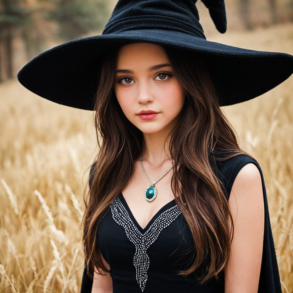 Young Woman in Black Attire in Golden Field