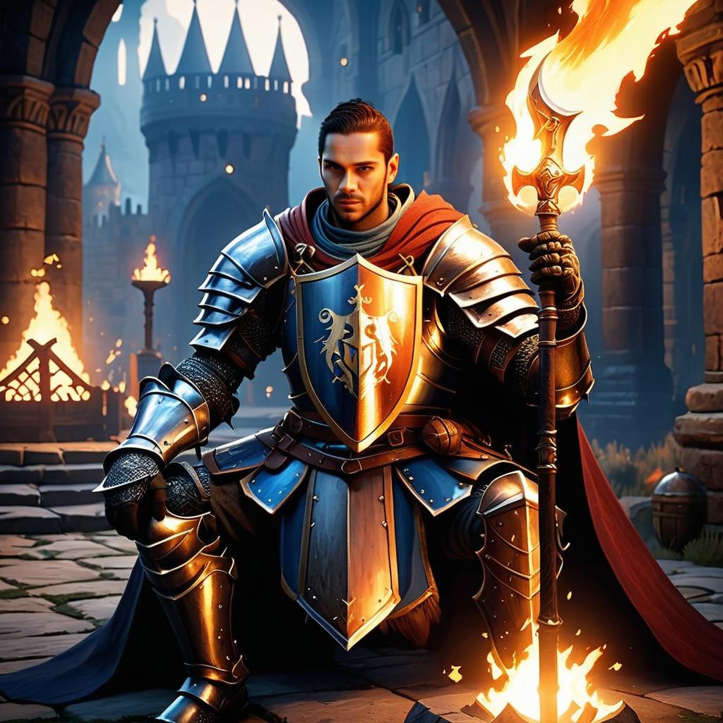 Medieval Knight with Flaming Spear in Castle Courtyard