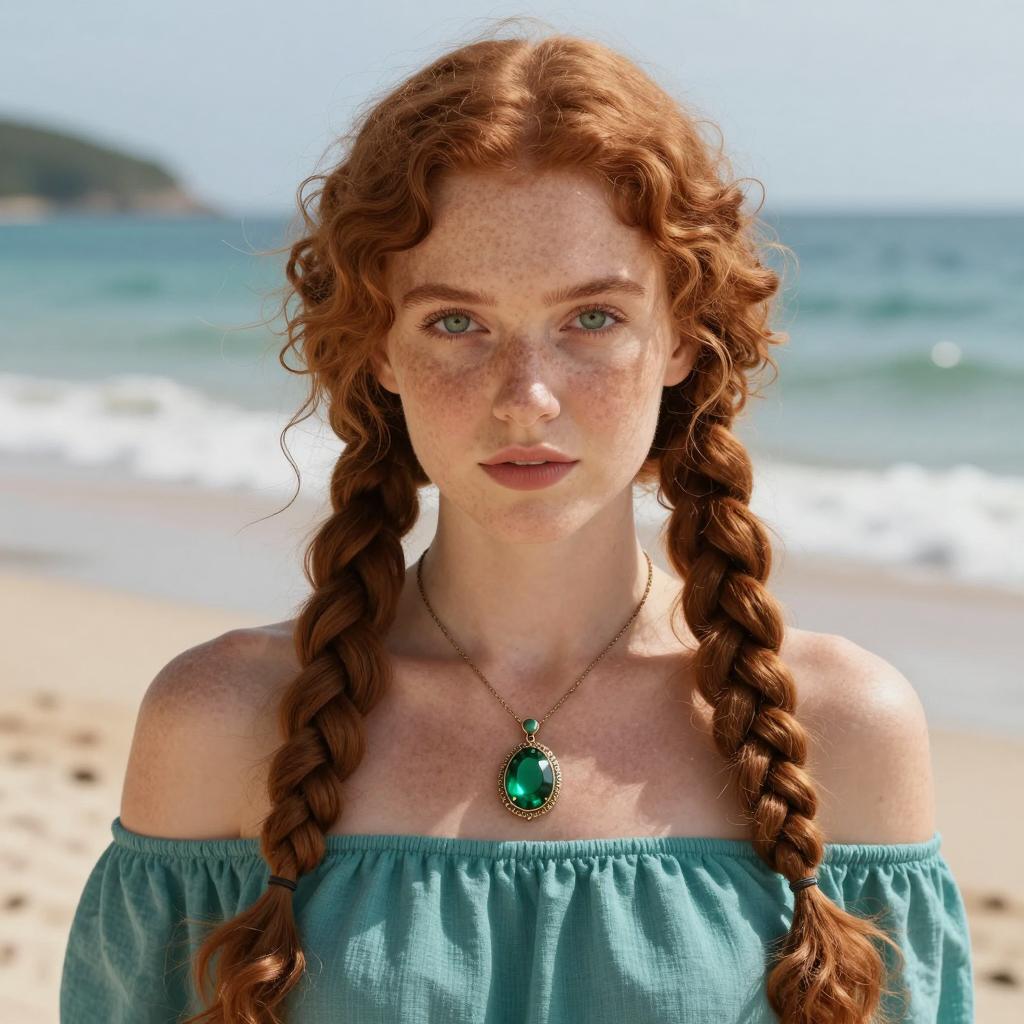 Young Red-Haired Woman with Braids in Teal Top on Beach