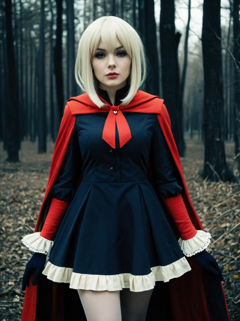 Realistic Mavis Vermillion Cosplay Woman in Forest Setting