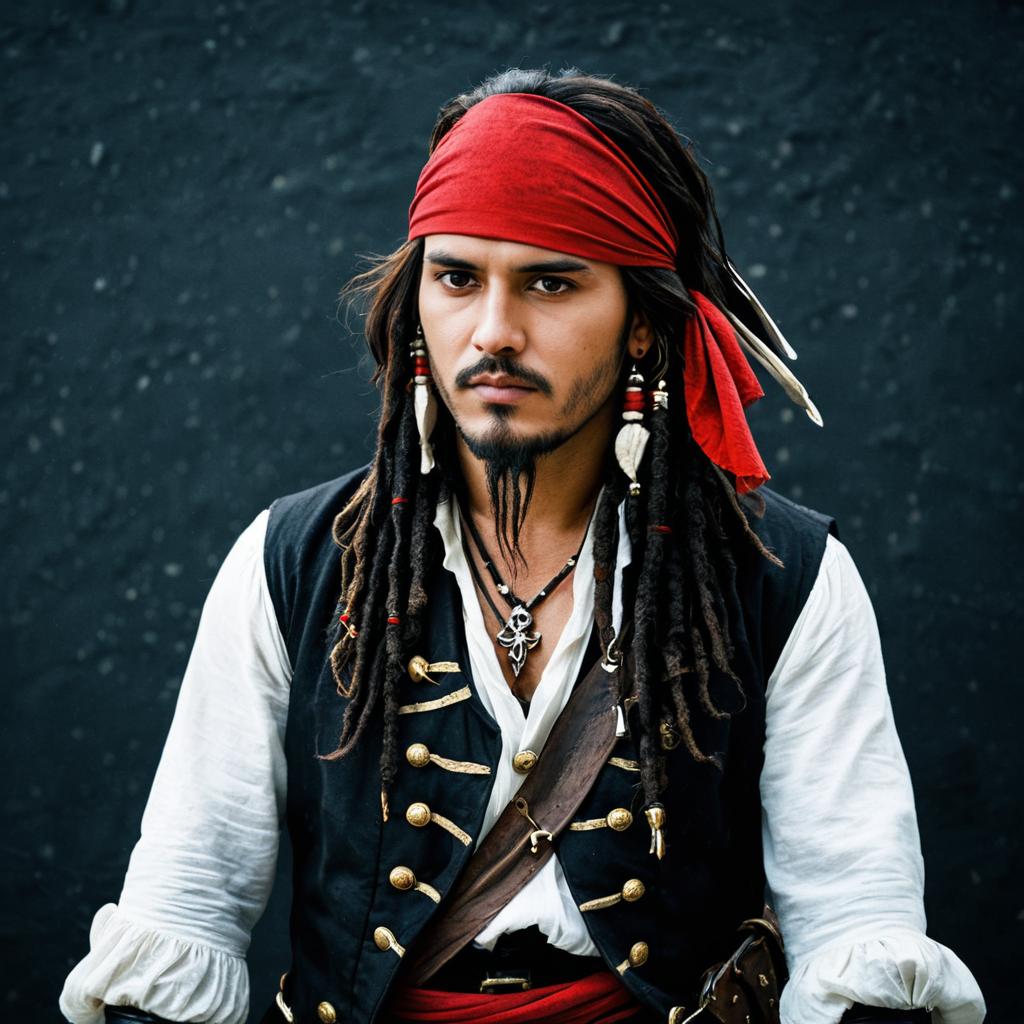 Realistic Portrait of Man in Pirate Costume with Red Bandana and Dreadlocks