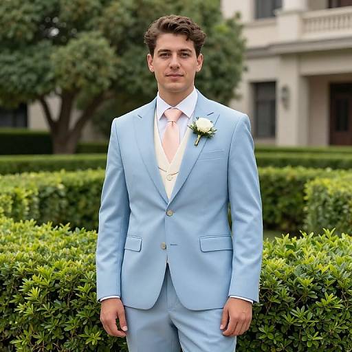 Young Man in Light Blue Suit with Pink Tie and Boutonniere Outdoors