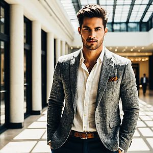 Stylish man in gray blazer in modern corridor