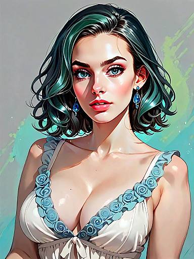 Realistic Digital Portrait of Woman in Emerald Green Silk Satin Babydoll with Blue Rose Details