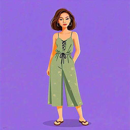 Stylish Woman Wearing Olive Green Lace-Up Design Romper Illustration