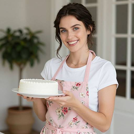 Woman in Pink Apron Holding White Frosted Cake Indoors