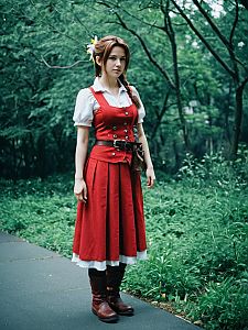 Woman in Aerith Cosplay Costume in Forest Setting