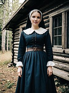 Young Woman in Traditional Colonial Dress by Rustic Cabin