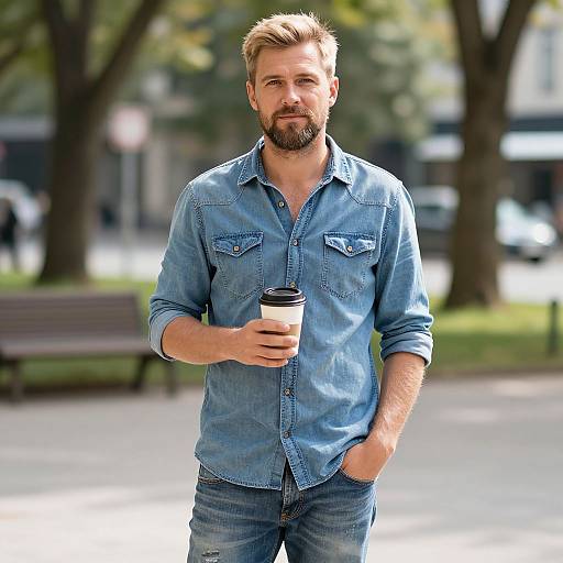 Casual man in denim holding coffee cup outdoors
