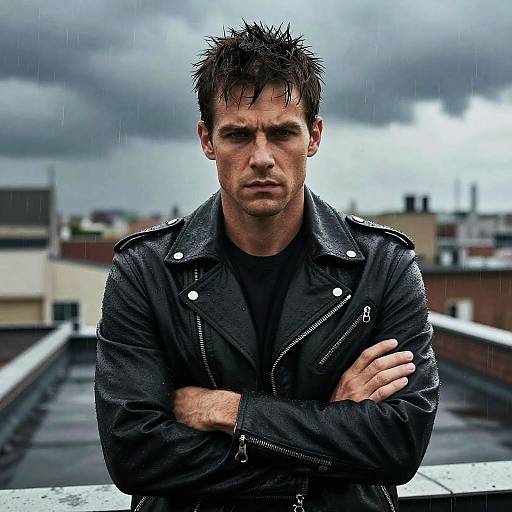 Young Man in Black Leather Jacket Standing on Rooftop in Rain