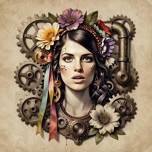 Realistic Steampunk Woman Portrait with Floral Crown and Mechanical Gears