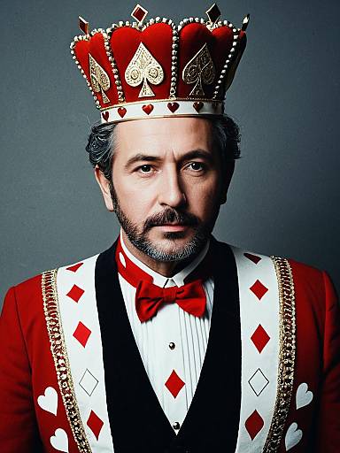 Photorealistic Portrait of Man in King of Hearts Costume with Red Crown and Card Suit Motifs