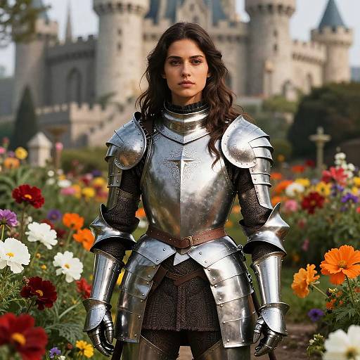 Woman in Medieval Armor Standing in Flower Garden with Castle Background
