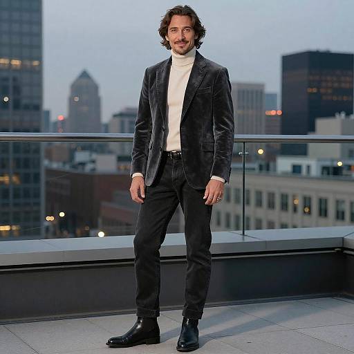Stylish Man in Velvet Blazer and Turtleneck on Urban Rooftop