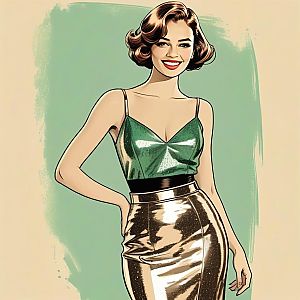 Stylish Woman in Retro Waves and Metallic Outfit