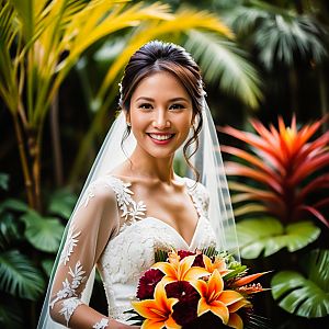 Radiant Bride in Lace Wedding Dress with Tropical Bouquet