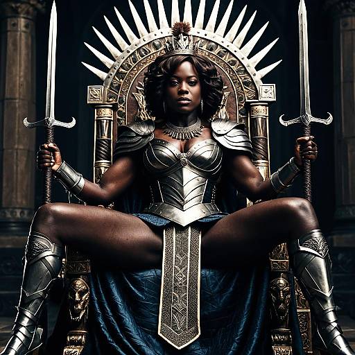 Regal Warrior Woman in Silver Armor on Throne Holding Swords
